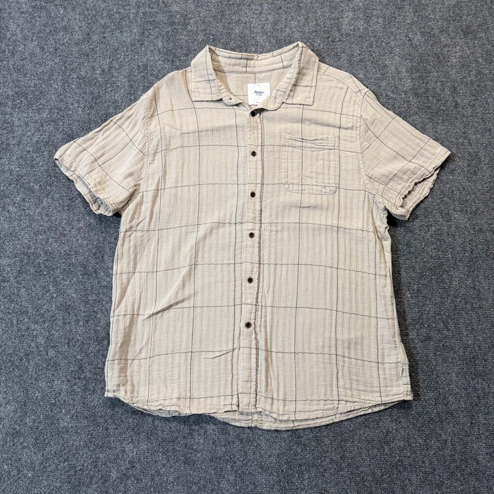 Katin Men's XL Linen Cotton Button Up Shirt Beige Plaid Short Sleeve Coastal
